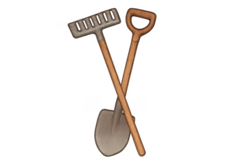Gardening tools spade and rake crossed with transparent background