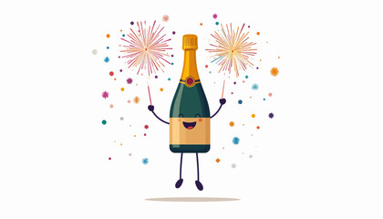 A cheerful cartoon champagne bottle holding sparklers with colorful confetti and fireworks in the background, celebrating a festive occasion.