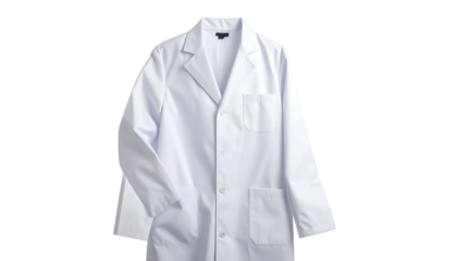 Plain white lab coat with button closures, front pockets, and long sleeves against a black background