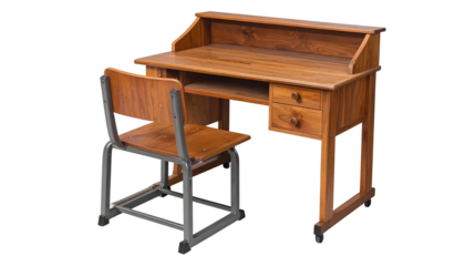 Wooden student desk and chair set against a transparent background, perfect for education