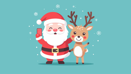 A cute cartoon Santa Claus and a reindeer taking a selfie together with snowflakes falling.