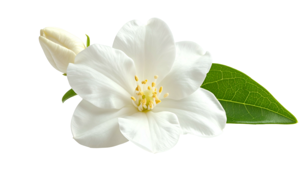 Close-up of a delicate white flower with a yellow center, bud, and a green leaf