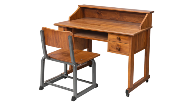 Wooden student desk and chair set against a transparent background, perfect for education