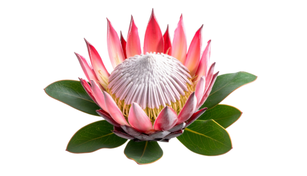A vibrant, close-up photograph displays a protea flower's intricate detail against a black backdrop