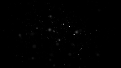 Winter freeze motion of white snow coming down, isolated on black background. Snowfall texture overlay.