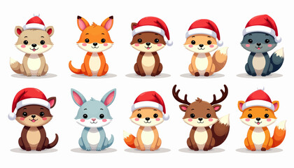 Obraz premium A collection of ten adorable cartoon baby animals, including foxes, rabbits, and deer, all wearing festive red Santa hats, depicted in a cute, whimsical style.