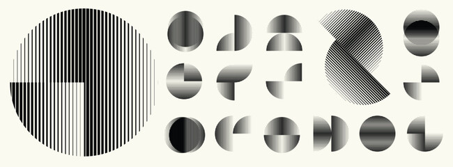 Abstract geometric line shapes set - modern deform semi circles and segmented circles for branding and layout design with red accent . Toolkit collection , for modular design projects. Vector pack.