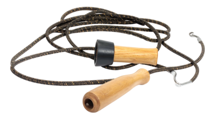 Close-up studio shot of a coiled fitness tool with wooden handles and a speckled rope