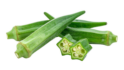 Close-up of several fresh, green okra pods with a couple of cross-sections displayed