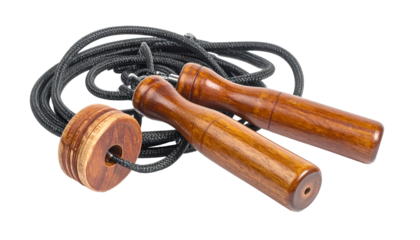 Close-up of a wooden jump rope, handles and cord coiled against a black background
