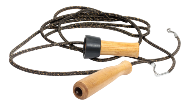 Close-up studio shot of a coiled fitness tool with wooden handles and a speckled rope
