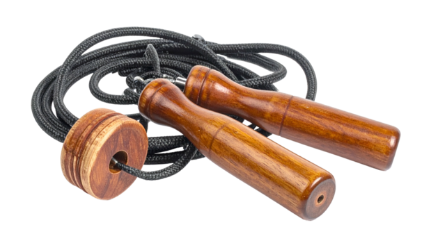 Close-up of a wooden jump rope, handles and cord coiled against a black background
