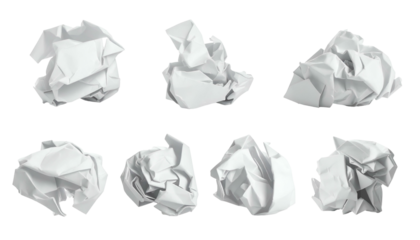 Seven white, crumpled paper balls on a black background, representing failure, ideas, or waste
