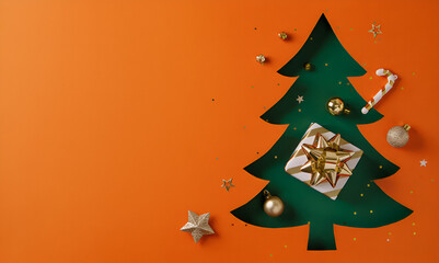 A orange backdrop hosts a dark green Christmas tree cutout, gold gift box with bow, ornaments, and scattered stars creating a joyful holiday mood for Christmas and New Year visuals