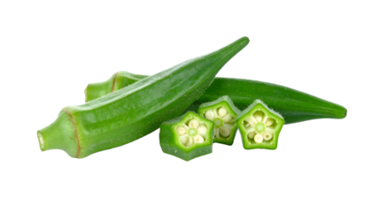 Close-up of green, tapered pods with sliced pieces revealing internal structure