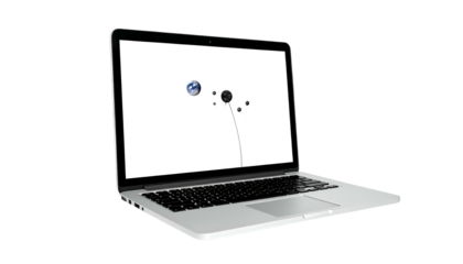 Angled shot of open, silver laptop against black background, screen displaying abstract art