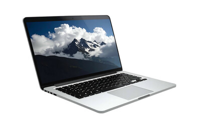 Modern, open silver laptop showing a mountain scene on screen, isolated on black background