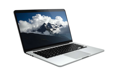 Modern, open silver laptop showing a mountain scene on screen, isolated on black background