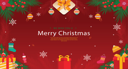 Christmas greeting card featuring a decorated Christmas tree with festive gifts and winter accents