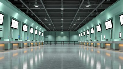 Modern airport check-in area showcasing digital displays and sleek architecture, perfect for illustrating travel innovation and contemporary design concepts