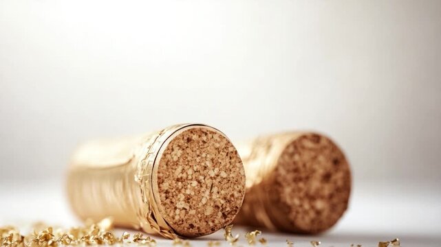 Video A close-up view of two wine corks on a table, perfect for use in still life or food-related compositions