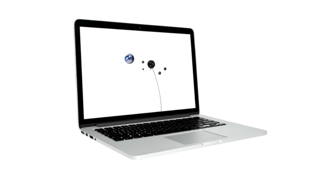 Angled shot of open, silver laptop against black background, screen displaying abstract art