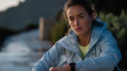 Runner stretching beside an icy path, smartwatch interface glowing, emotion of focus and discipline visible, symbolizing active lifestyle, smart wearables, and sustainable health technology.