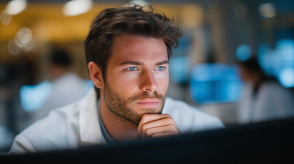 A scientist in a lab staring intently at a monitor showing unexpected results in a DNA sequence, colleagues gathering around in suspense — research breakthrough, scientific discovery, and high-tech
