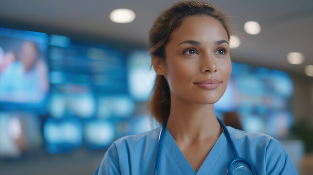 A modern healthcare hub featuring nurses checking digital charts, doctors on telemedicine screens, and patients moving through streamlined triage — integrated medical services, efficient care