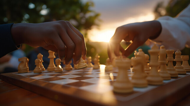 A multicultural chess club playing outdoors at sunset, discussing strategy in multiple languages as pieces click across worn boards — intellectual camaraderie, cultural exchange through games, and - Powered by Adobe