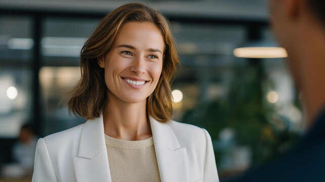 HR manager greeting veteran applicant with warm smile in bright workspace — representing equality, inclusion, opportunity, and the success of transition programs for veterans finding meaningful - Powered by Adobe