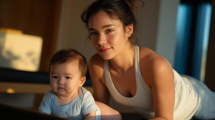 Young mother performing gentle Pilates reformer session while baby plays safely beside her on soft mat — concept of motherhood balance, postpartum recovery, family-friendly fitness, and healthy