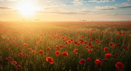 Vast field of blooming red flowers illuminated by bright morning sunlight