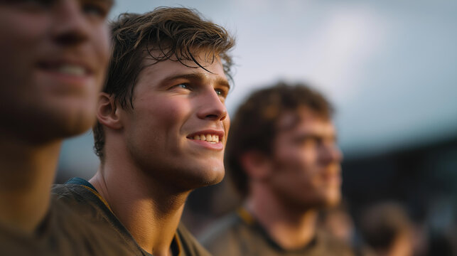Close-up of drenched faces smiling through exhaustion — storytelling of loyalty, community, and the pure, gritty joy that defines rugby fandom. cinematic color correction, natural uneven lighting - Powered by Adobe