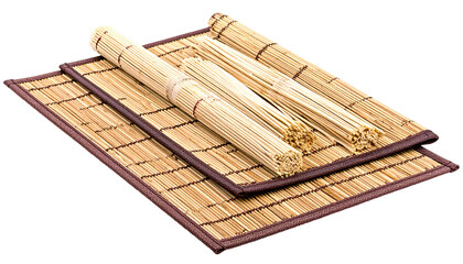 A close-up shot of rolled and flat bamboo mats and a set of bundled sticks