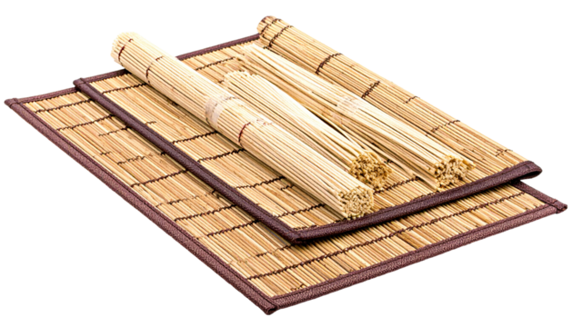 A close-up shot of rolled and flat bamboo mats and a set of bundled sticks