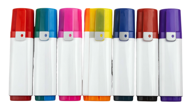 Assortment of vibrant, capped marker pens in varied colors arranged neatly on a surface