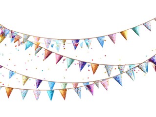 Obraz premium Colorful Party Pennant Flags with Confetti on White Background