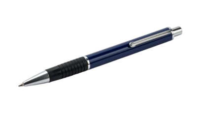 A sleek, navy blue retractable ballpoint pen isolated on a pure black background