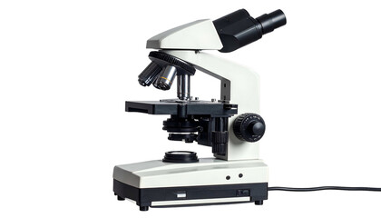 Medical microscope, white and black. Side view, isolated on a black background