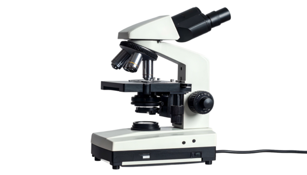 Medical microscope, white and black. Side view, isolated on a black background
