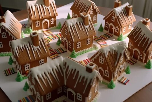 Overhead view of gingerbread houses arranged in a circle with candy paths and small trees