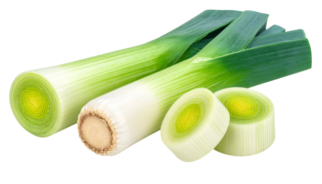 Close-up studio shot of freshly harvested leeks, with cut pieces showcasing internal structure