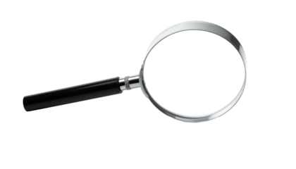 A realistic, shiny magnifying glass with a black handle, isolated on a black background