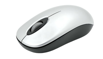 Modern wireless computer mouse with a silver top, gray sides, and scroll wheel