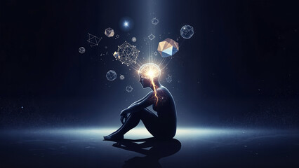 A surreal digital painting visualizing the concept of solitary thinking.