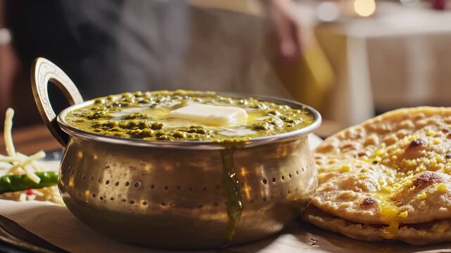 Serving Saag Paneer With Butter and Naan Bread in Traditional Bowl