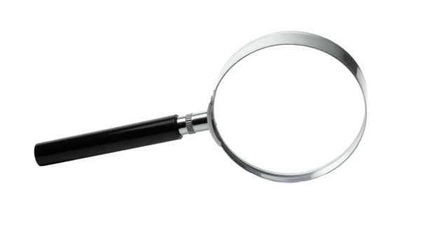 A realistic, shiny magnifying glass with a black handle, isolated on a black background
