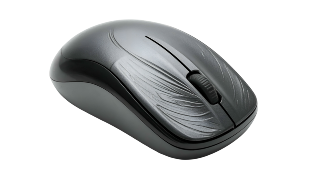 Angled shot of a sleek, dark gray wireless computer mouse with a scroll wheel