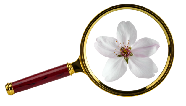 A magnified flower blossom, centered in a circular lens with a wooden handle